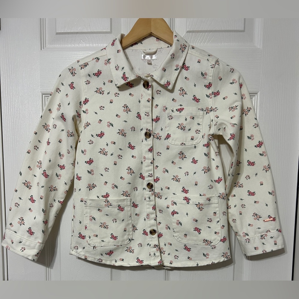 TAHARI Girl’s Cream/Pink Floral Jacket Cotton Denim Size 7/8